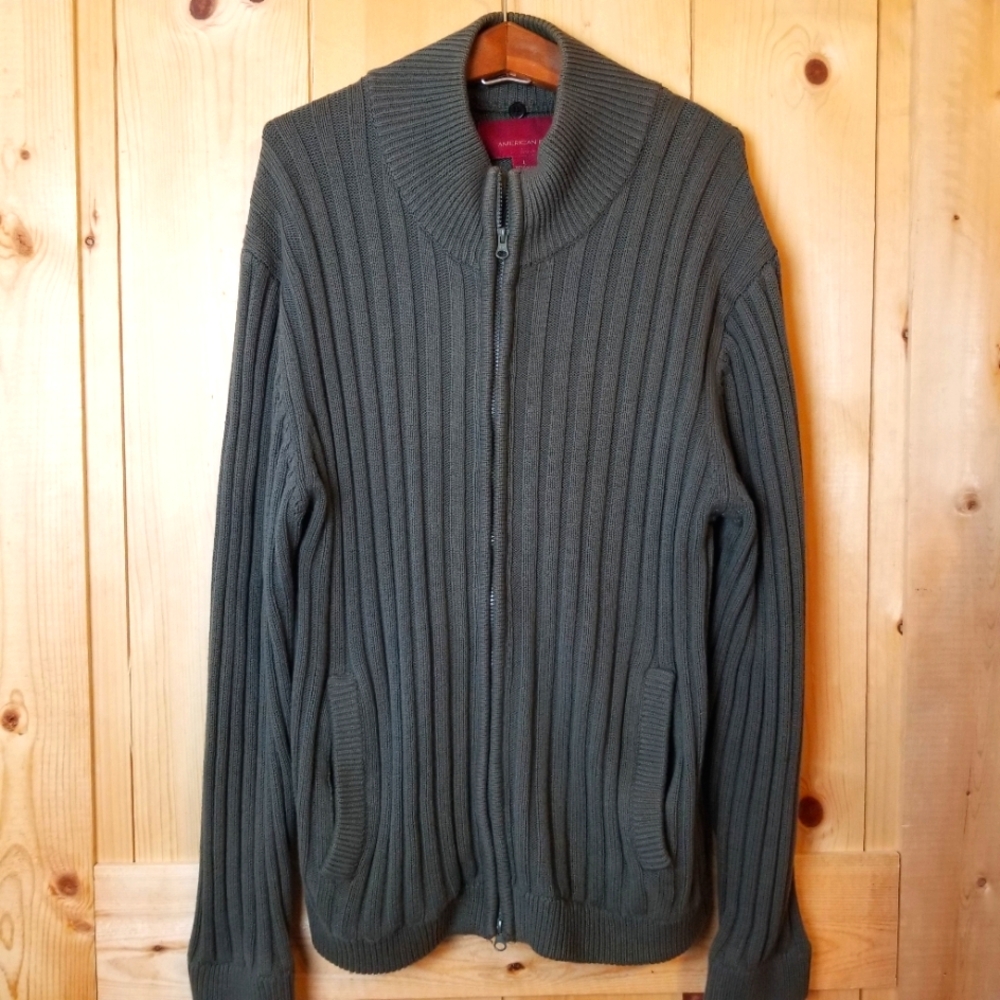 American Blue Cotton Green Zippered Cardigan Sweater
